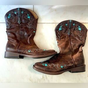 Roper, kids 3, brown leather with blue accents square toe cowboy western boot